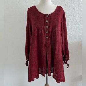 Maiwa 100% Linen Tunic Top Size Large Floral Lagenlook Boho Pockets Relaxed Fit